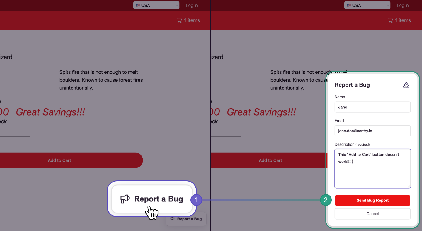 An example image of the User Feedback Widget on a demo site